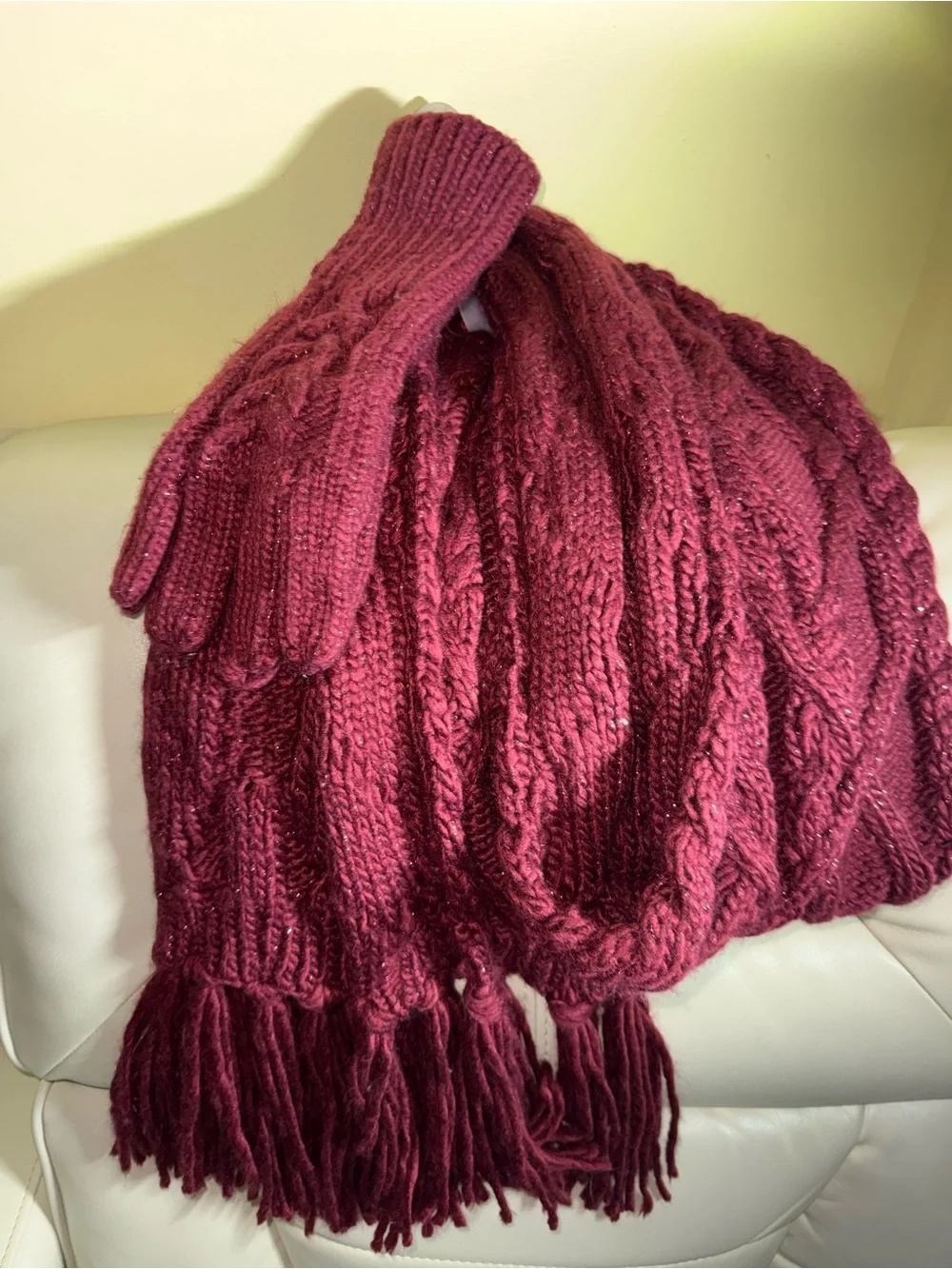 Women's Cable Knit Scarf and Glove Set - Burgundy